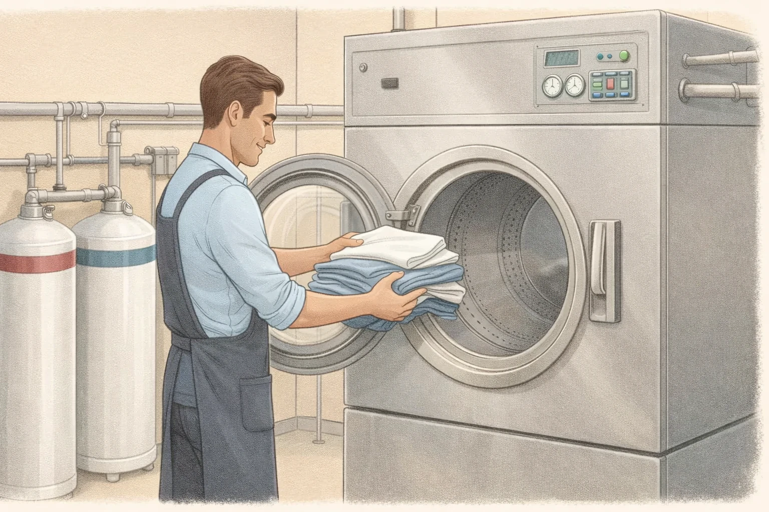 A dry cleaning technician loading garments into a large industrial dry cleaning machine