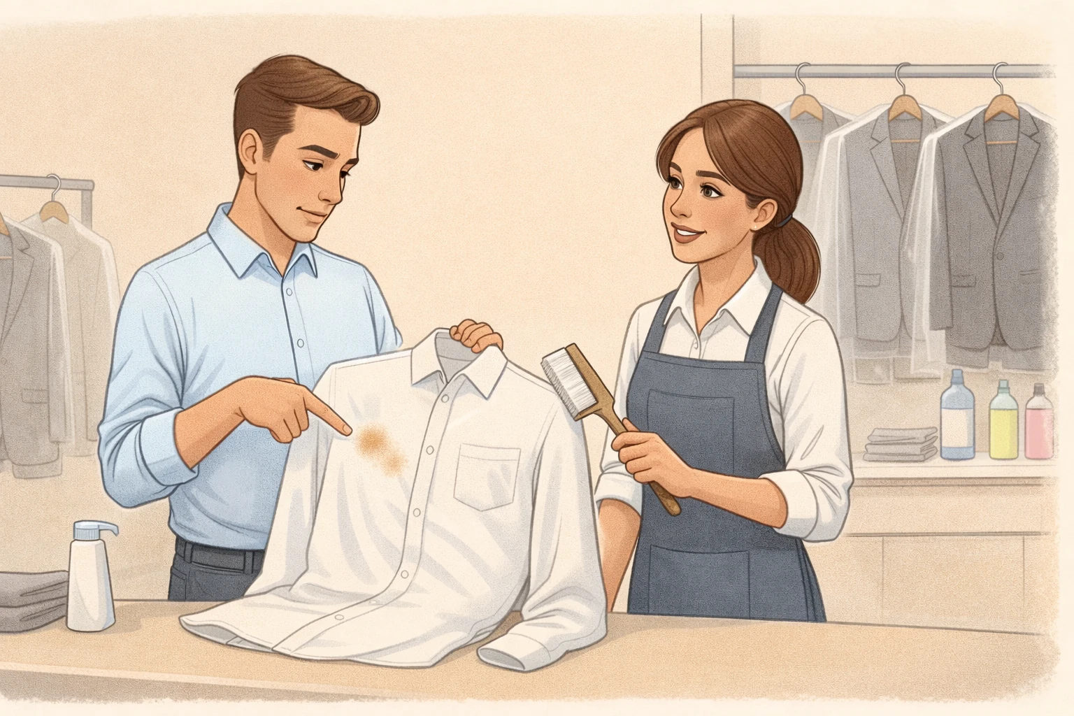 Customer discussing a stain at the counter before cleaning begins