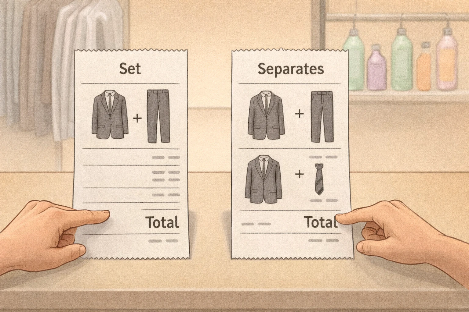Hands comparing suit set versus separate garment pricing on a counter