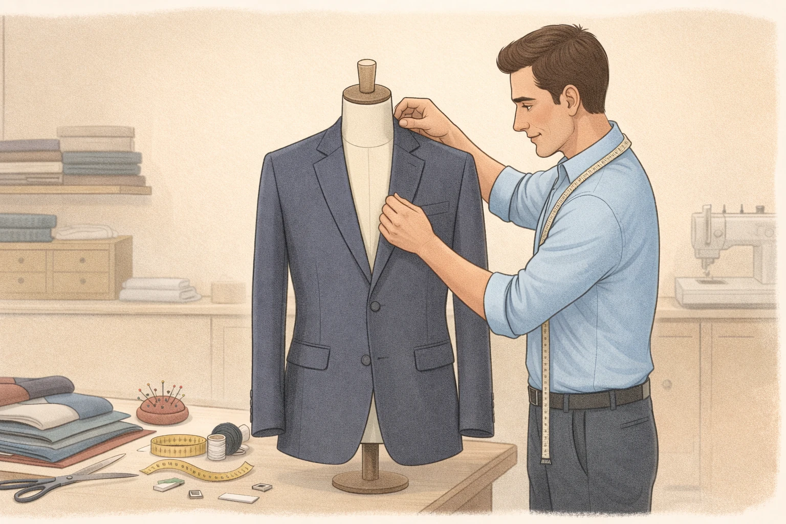 A tailor adjusting a suit on a mannequin with sewing tools nearby