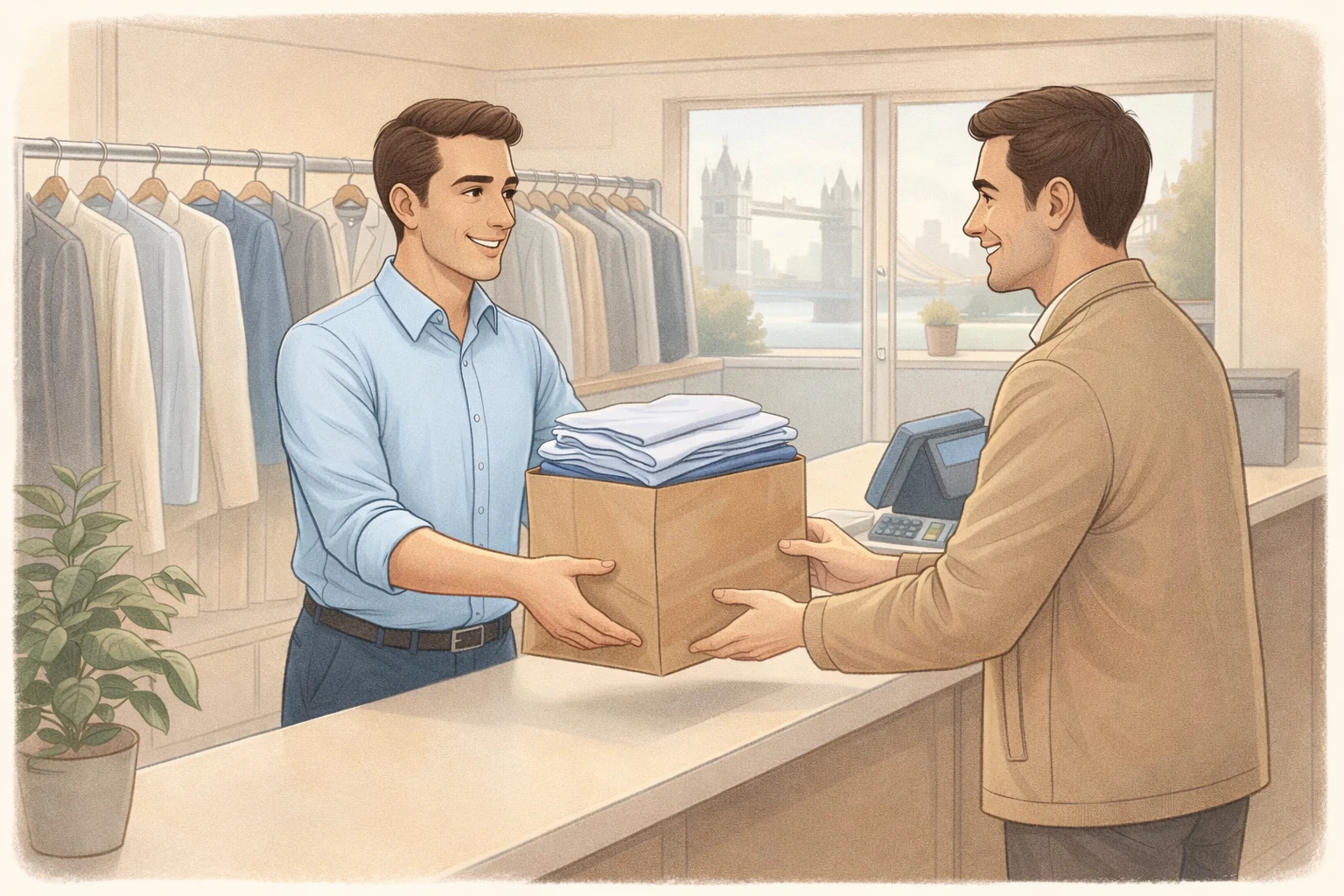 Customer collecting neatly folded service wash bag from London laundry counter