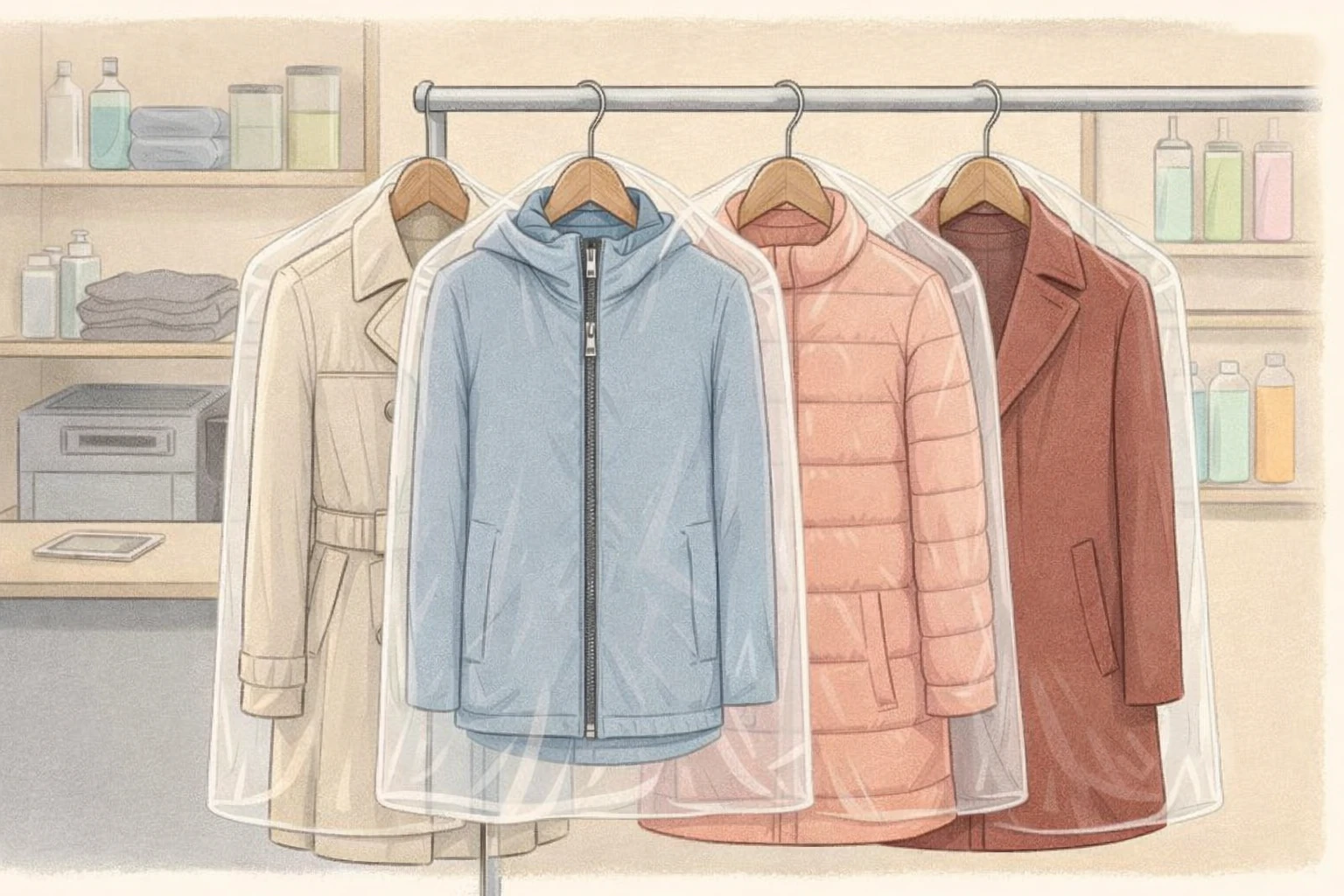 Cleaned coats on hangers with repaired jacket zip ready for collection