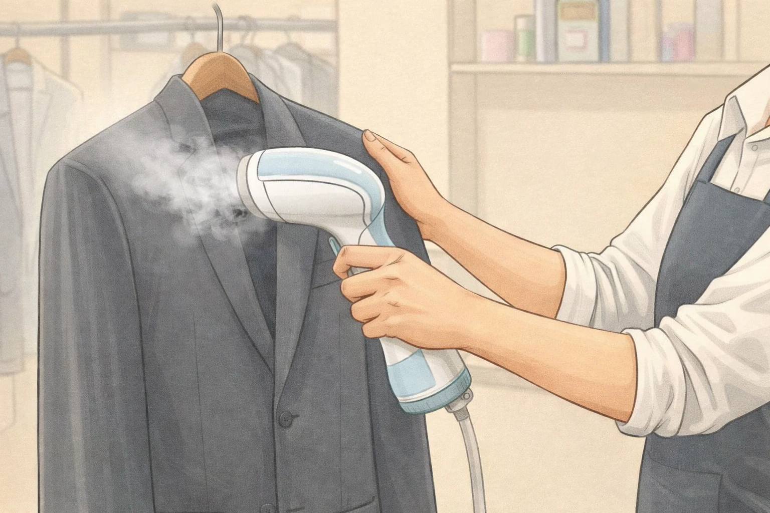 A presser steam finishing a jacket, working on the sleeves and shoulders