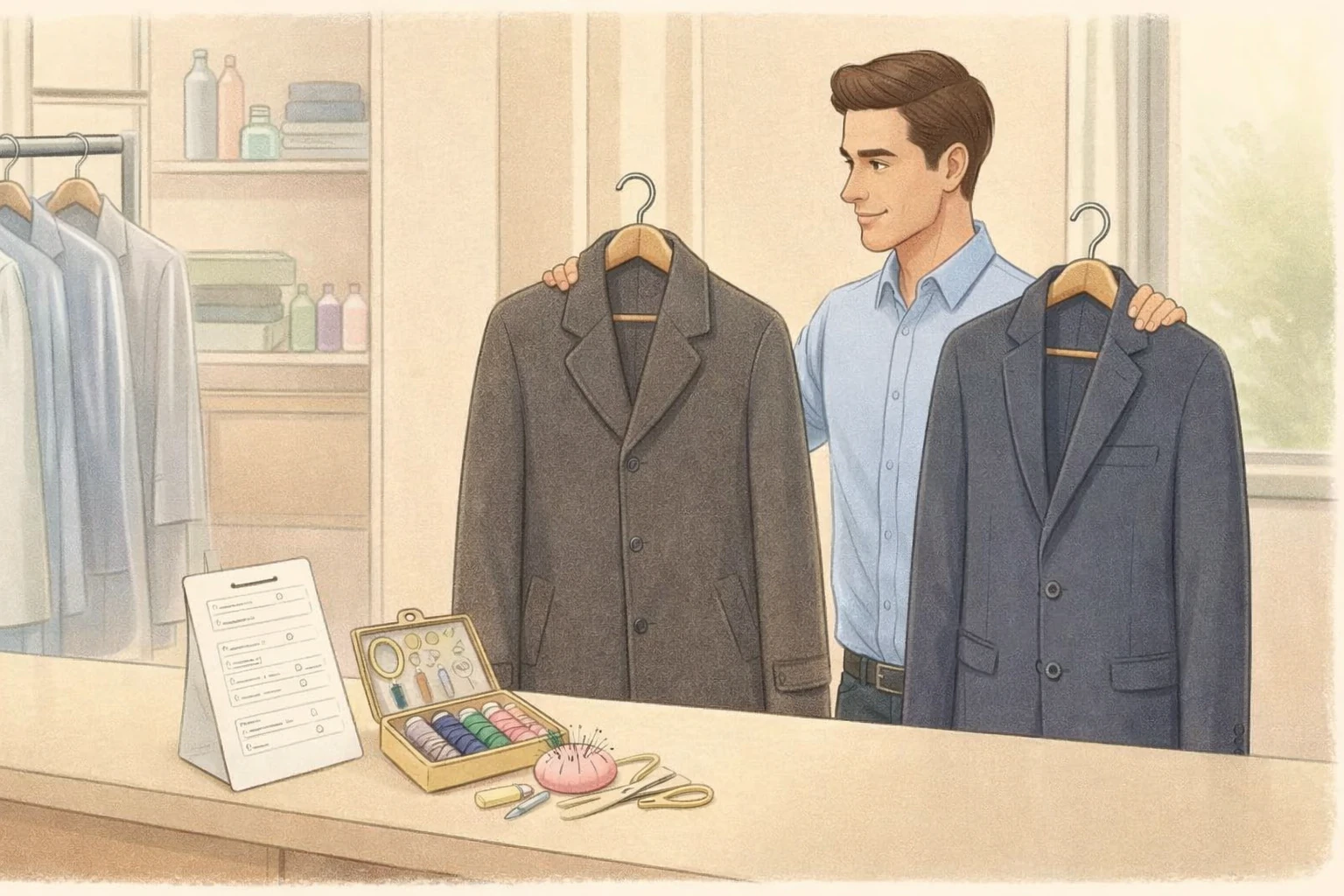 Customer bundling coat repair with jacket dry cleaning at the counter