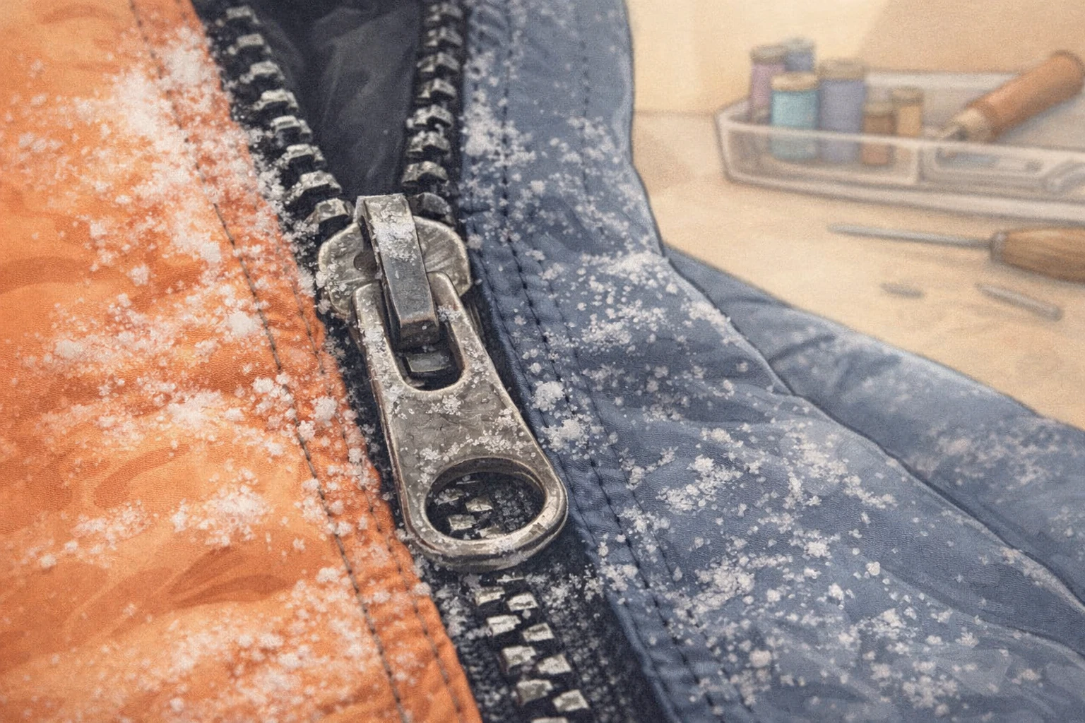 Close-up of worn ski trouser zip with grit and salt before repair