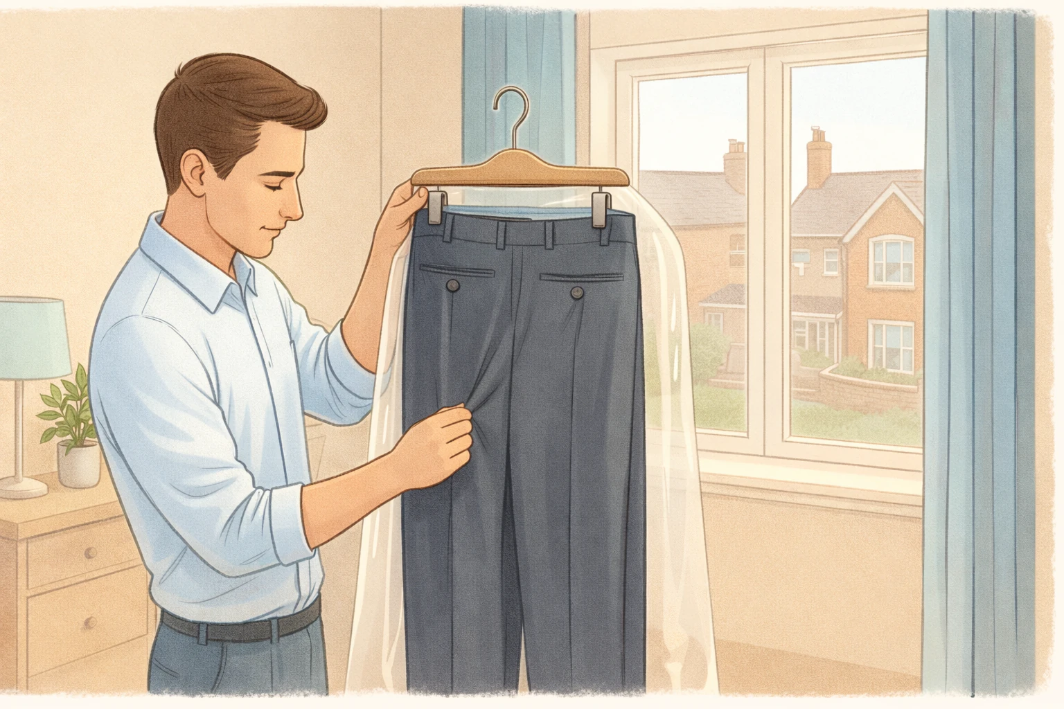 Person inspecting creases and buttons after collecting cleaned trousers
