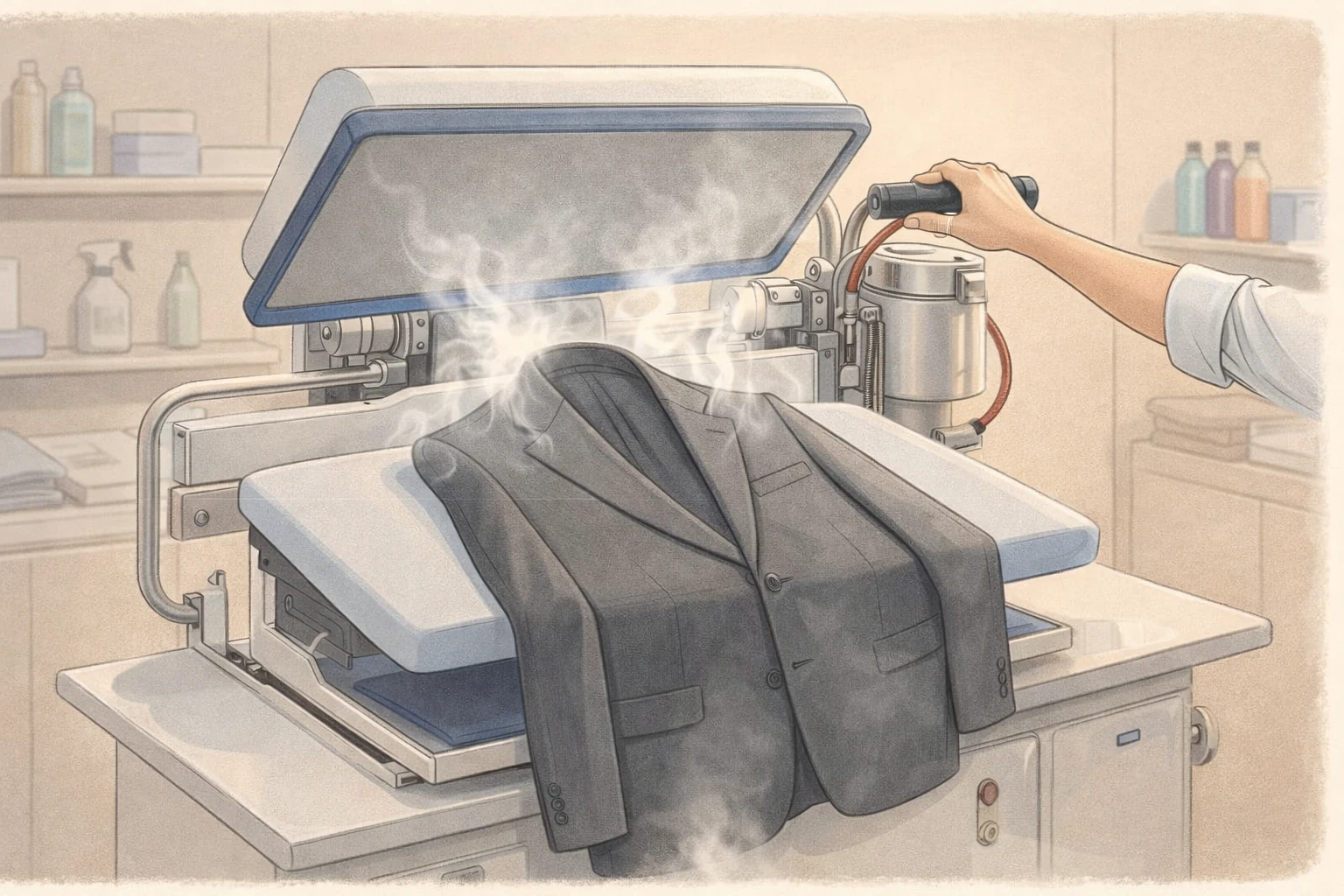 Professional steam press finishing a wool jacket for a crisp crease-free look